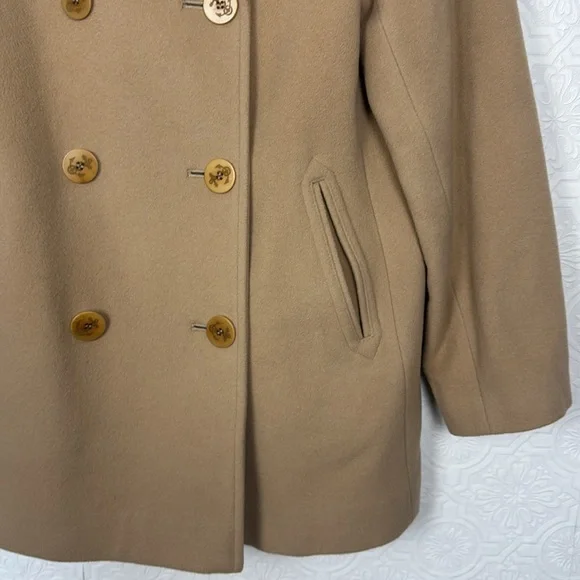 LL Bean Peacoat Tan Wool Nylon Double Breasted Size 12 Cream Beige Coat Jacket - Picture 3 of 8